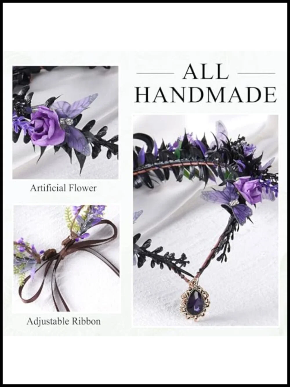 Gothic Butterfly Fairy Crown, Black Flower Elf Headpiece, Adjustable